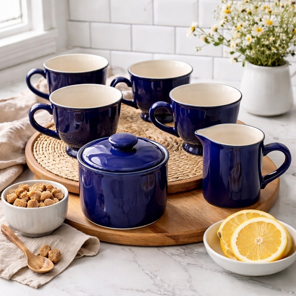 Vintage Cobalt Blue Stoneware Tea Cups Set w Sugar Bowl & Creamer